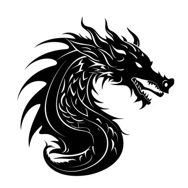 Ejderha kafası silueti. Ejderha logosu tasarımı. Beyaz üzerine izole edilmiş siyah beyaz bir ejderha kafası. Vektör illüstrasyonu.