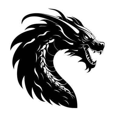 Ejderha kafası silueti. Ejderha logosu tasarımı. Beyaz üzerine izole edilmiş siyah beyaz bir ejderha kafası. Vektör illüstrasyonu.