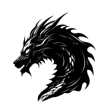 Ejderha kafası silueti. Ejderha logosu tasarımı. Beyaz üzerine izole edilmiş siyah beyaz bir ejderha kafası. Vektör illüstrasyonu.