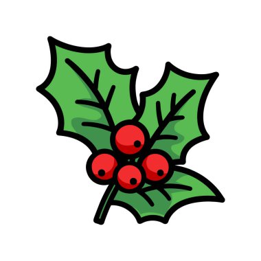 Noel meyvesi yaprakları. Çizgi film Noel ikonu. El yapımı Noel bitkisi. Vektör çizimi. Noel sembolü
