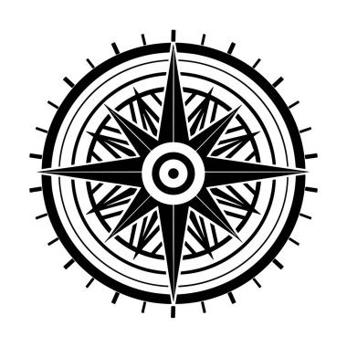 Pusula simgesi düz tasarımda. Siyah pusula sembolü. Navigasyon aracı simgesi. Vektör illüstrasyonu