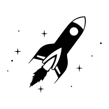 Roket ikonu. Siyah uzay gemisi simgesi izole edildi. Roket fırlatma işareti. Vektör illüstrasyonu.