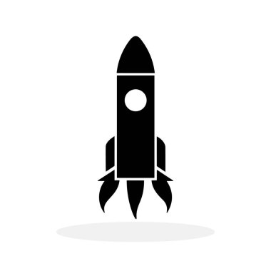 Roket ikonu. Siyah uzay gemisi simgesi izole edildi. Roket fırlatma işareti. Vektör illüstrasyonu.
