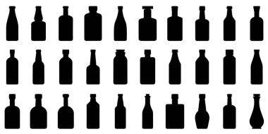 Şişe simgesi. Farklı şişe siluetleri. Cam şişe sembolleri. Vektör illüstrasyonu
