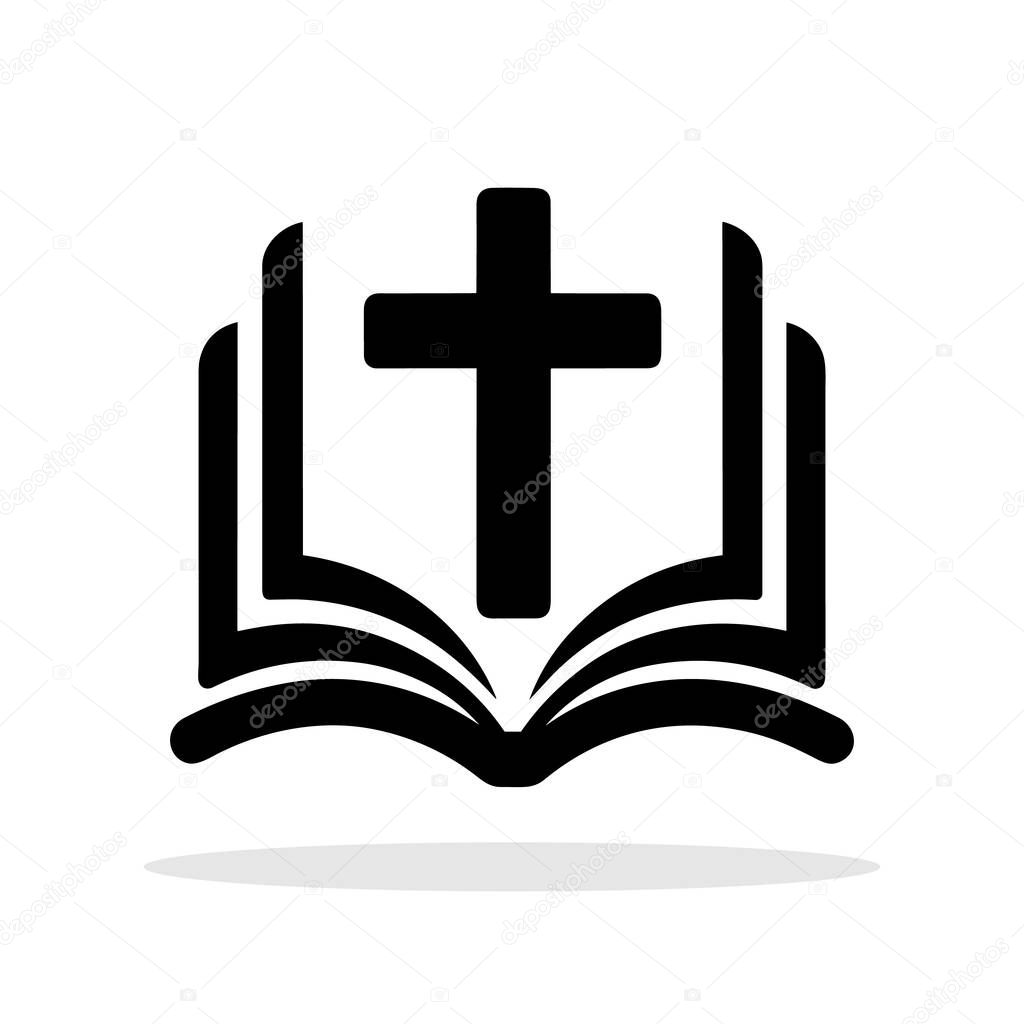 Bible with Christian cross icon. Black religious symbol. Christian church symbol. Vector illustration.