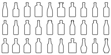 Şişe simgesi. Farklı şişe siluetleri. Cam şişelerin doğrusal sembolleri. Vektör illüstrasyonu