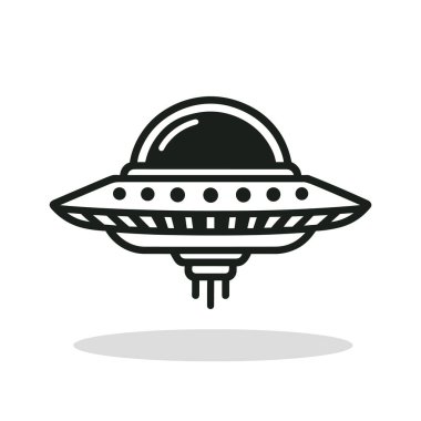 UFO simgesi. Uçan daire simgesi. İniş yapan ışık huzmeleri olan bir UFO 'nun siyah çizimi. Dünya dışı teknoloji kavramı.