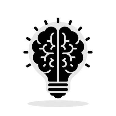 Ampul ve beyin ikonu. Yaratıcılık sembolü. Yenilik sembolü. Vektör illüstrasyonu