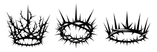 荆棘王冠的图标设置 基督教宗教象征的黑色轮廓 矢量说明 图库矢量图片