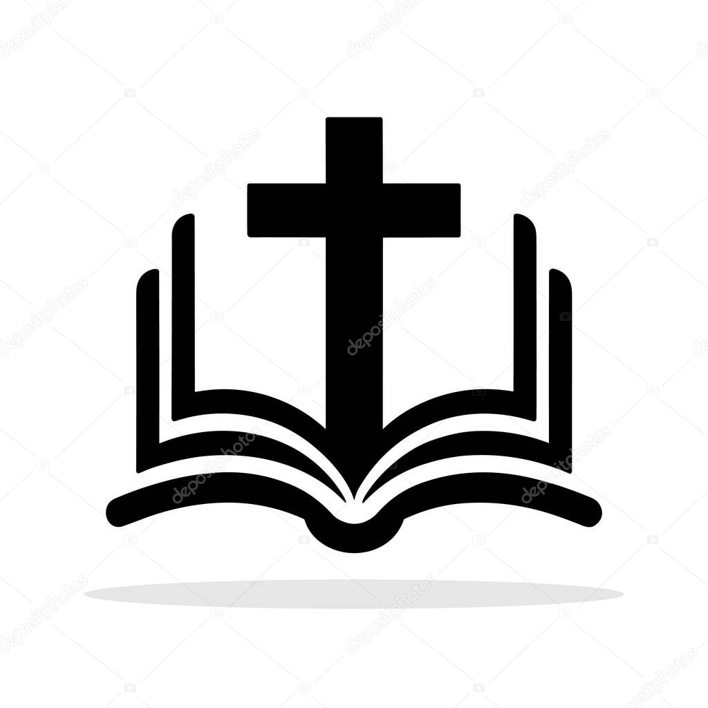 Bible with Christian cross icon. Black religious symbol. Christian church symbol. Vector illustration.