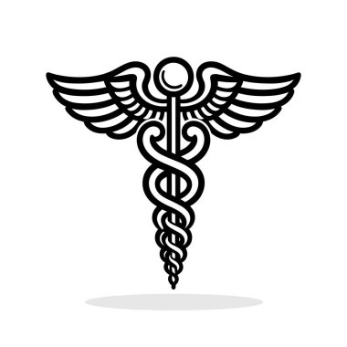 Caduceus medical symbol icon. Image of the traditional symbol associated with medicine and healthcare, featuring two snakes winding around a winged staff. Vector illustration clipart