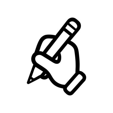 El ele tutuşan kalem ikonu. Beyaz bir arka planda kalem tutan yazı pozisyonunda bir el resmi. Vektör illüstrasyonu