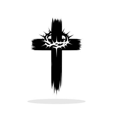 Dini sembol. Beyaz arka planda dikenli taç olan Hıristiyan haçının soyut siyah fırça darbesi. Vektör illüstrasyonu.