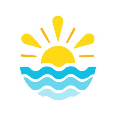 Su ikonlu güneş. Güneş dalgaların üzerinde doğuyor ya da batıyor. Sarı güneş ve dalgalı mavi su. Vektör illüstrasyonu