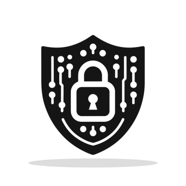 Kalkan ve asma kilit simgesi. Asma kilit sembollü siyah bir kalkan. Güvenlik ve koruma kavramı. Vektör illüstrasyonu