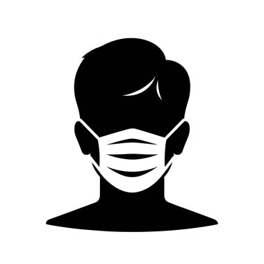 Maskeli adam. Ağzı ve burnu tıbbi maskeyle kaplanmış siyah bir siluet. Vektör illüstrasyonu.