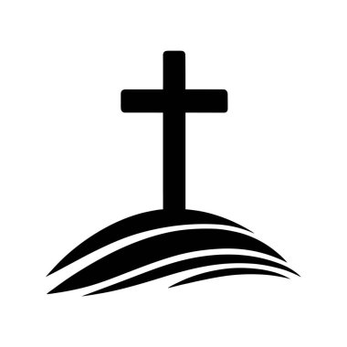 Calvary Hill 'deki haçın siyah silueti. Beyaz arka planda dini simge. Vektör illüstrasyonu.