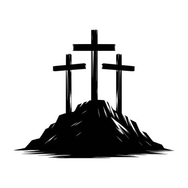 Süvari ikonu. Calvary Hill 'deki haçların siyah silueti. Beyaz arka planda dini simge. Vektör illüstrasyonu.