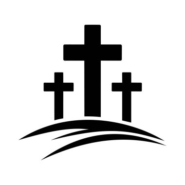 Süvari ikonu. Calvary Hill 'deki haçların siyah silueti. Beyaz arka planda dini simge. Vektör illüstrasyonu.