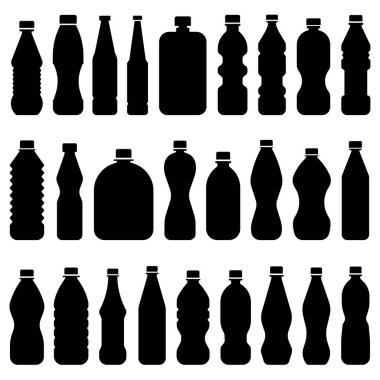 Şişe simgesi. Beyaz arka planda izole edilmiş çeşitli plastik şişelerden oluşan siluetler. Sıvı ambalaj için çeşitli şekil ve boyutlar