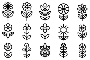 Çiçek simgeleri ayarlandı. Düz stil doğrusal çiçek simgeleri. Yabani çiçekler ve bitkiler. Vektör illüstrasyonu
