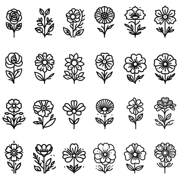 Blumensymbole Gesetzt Sammlung Schwarzer Linearer Floraler Ikonen Verschiedene Einfarbige Blumensymbole Stockvektor