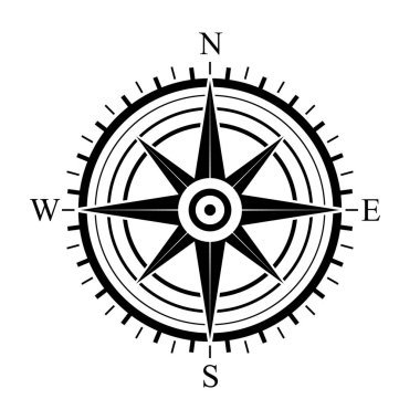 Pusula simgesi. Pusula sembolü. Beyaz arkaplanda siyah pusula simgesi izole edildi. Vektör illüstrasyonu.