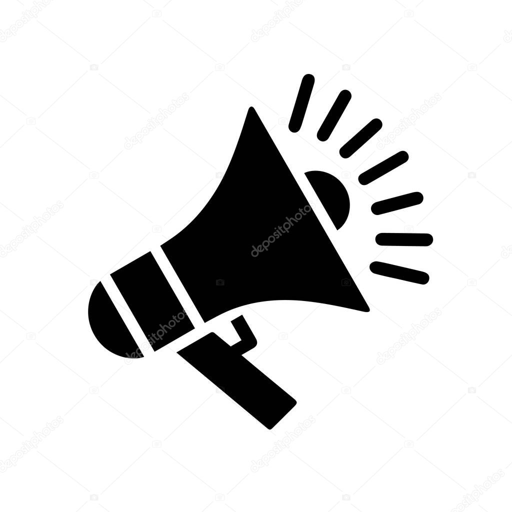 Megaphone icon. Speaker symbol. Black icon of megaphone isolated on white background. Vector illustration.