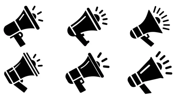 Megafon simgesi. Bir dizi hoparlör sembolü. Megafonun siyah simgesi beyaz arka planda izole edilmiş. Vektör illüstrasyonu.