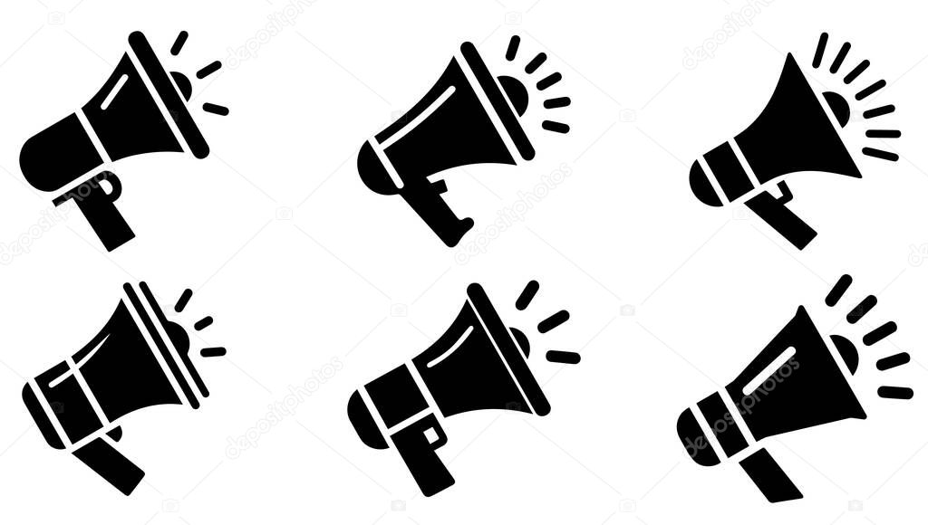 Megaphone icon. Set of speaker symbols. Black icon of megaphone isolated on white background. Vector illustration.