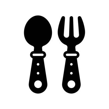 Bebek çatal bıçak ikonu. Çatal ve kaşığın siyah ve beyaz silueti. Vektör illüstrasyonu.