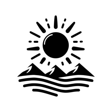 Gündoğumu siyah simgesi. Dağlarda gün doğumu ya da günbatımı ikonu. Vektör illüstrasyonu
