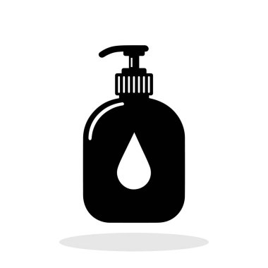 Sıvı sabun şişesi ikonu. El jeli ikonu. Siyah vücut sabunu ikonu beyaz arkaplanda izole edilmiş. Vektör illüstrasyonu