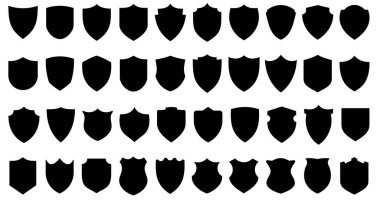 Kalkan simgeleri ayarlandı. Düz grafik tasarımlı farklı şekillerde siyah kalkanlar. Vektör illüstrasyonu