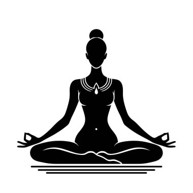 Refah için yoga meditasyonunun vektör siluet simgesi. Fitness. Rahatlama. Sade bir ortamda sükunet ve barışa odaklı farkındalık.
