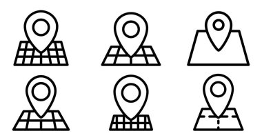 GPS vektör simgeleri ayarlandı. Kara Harita iğne simgesi. Basit bir haritadaki noktayı işaretleyen bir konum iğnesinin minimalist doğrusal simgesi