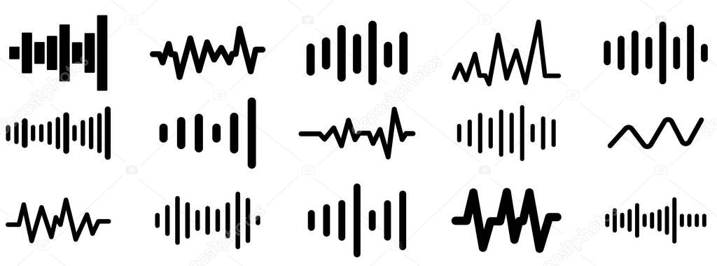 Sound waves icons set. Black wave icons in flat style. Musical sound wave collection. Vector illustration