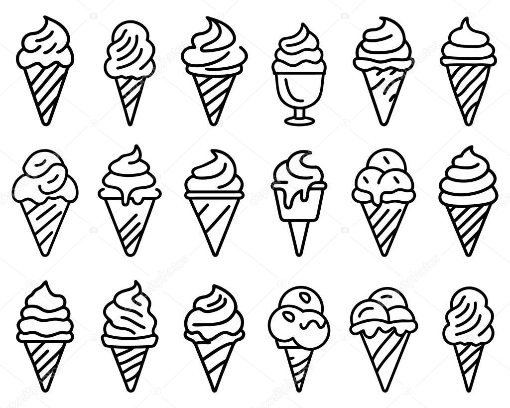 Ice cream icon. Set of drawn linear ice cream icons representing pleasure and delectation. Vector illustration