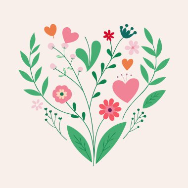 Kalp şeklinde çiçek deseni. Dekoratif çiçekler ve bitkilerle süslenmiş çiçek gibi bir kalp. Vektör illüstrasyonu