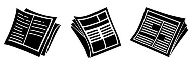 Gazete simgeleri ayarlandı. Beyaz arka planda siyah haber yazısı izole edilmiş. Haber, medya ve gazetecilik kavramının yanı sıra kişisel haberler. Vektör illüstrasyonu.