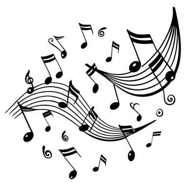 Notalı müzikal arka plan. Uçan müzik notaları. Düz dizaynlı şarkı gösterimi. Vektör illüstrasyonu.