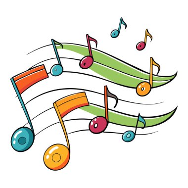 Notalı müzikal arka plan. Uçan müzik notaları. Düz dizaynlı şarkı gösterimi. Vektör illüstrasyonu.