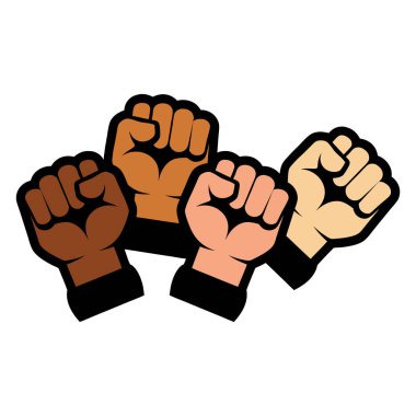 Protesto yumrukları. İnsan haklarını, eşitlik karşıtı ayrımcılık hareketini protesto eden insanlar. Sıkıştırılmış yumruklar havada. Jimnastik logosu. Vektör illüstrasyonu.