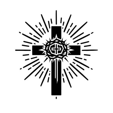 Christian cross with crown of thorns icon. Black silhouette of a Christian cross. Crucifixion of Jesus Christ. Vector illustration clipart