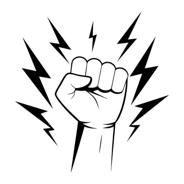 Yıldırımlı protesto yumruğu. İnsan haklarını, eşitlik karşıtı ayrımcılık hareketini protesto eden insanlar. Yumruğunu sık ve kaldır. Jimnastik logosu. Vektör illüstrasyonu.