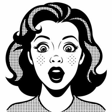 Hayranlık duyan ya da şaşıran bir kadının yüzü. Retro pop sanat çizgi stili. Vektör illüstrasyonu.