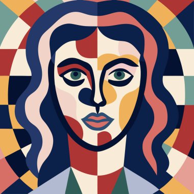 Kadınlar Picasso tarzıyla yüzleşir. Kübizm kadını. Picasso tarzında soyut bir geçmiş. Vektör illüstrasyonu.