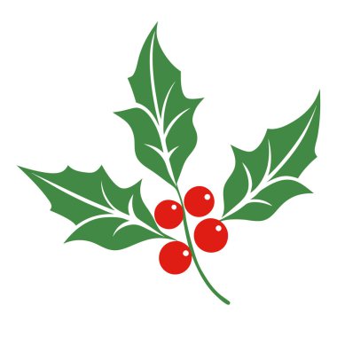 Noel ökseotu ikonu. Çizgi film kutsal yapraklar ve böğürtlenler. Noel meyvesi yaprakları. Ökse otu ikonu. Noel Holly dut ikonu. Vektör illüstrasyonu.
