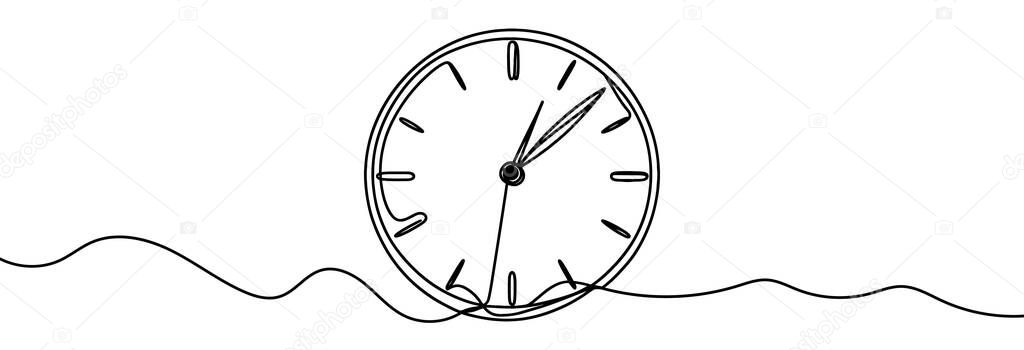 Continuous one line drawing of clock. Clock linear icon. One line drawing background. Vector illustration. Clock linear background