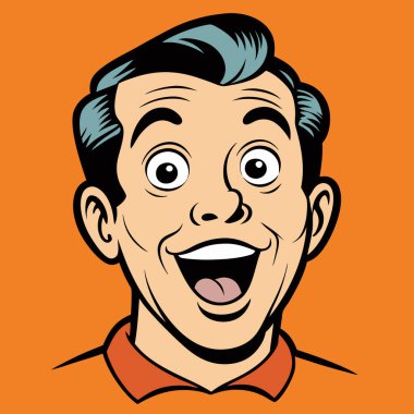 Hayranlık duyan ya da şaşıran genç bir adamın yüzü. Retro pop sanat çizgi stili. Vektör illüstrasyonu.